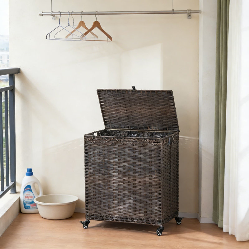Large Rolling Laundry Hamper With Lid And 3 Sections, Handwoven Rattan Design With 6 Removable Liners & 3 Mesh Bags, Easy-Move Wheels For Bedroom, Bathroom, Or Laundry Room