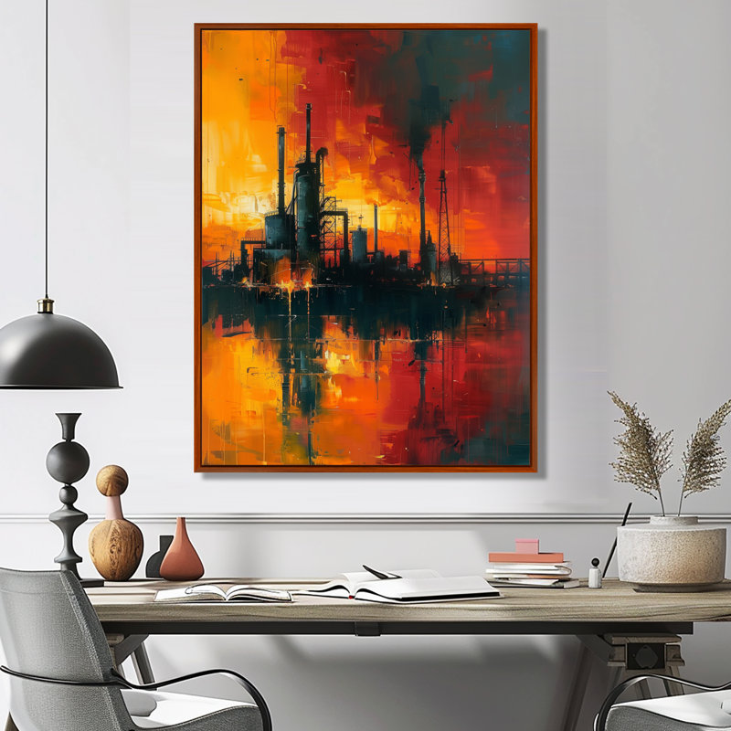 «Red Industrial Factory Polution II», impression d'art mural, Toile avec cadre flottant brun, H 32 po x l 16 po x P 1 po