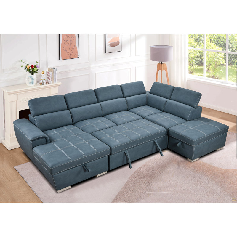 Canapé modulaire en U de 128 po avec repose-pieds et canapé modulaire réversible 7 places avec siège de rangement, ensembles de canapés de salon avec repose-tête réglable, bleu