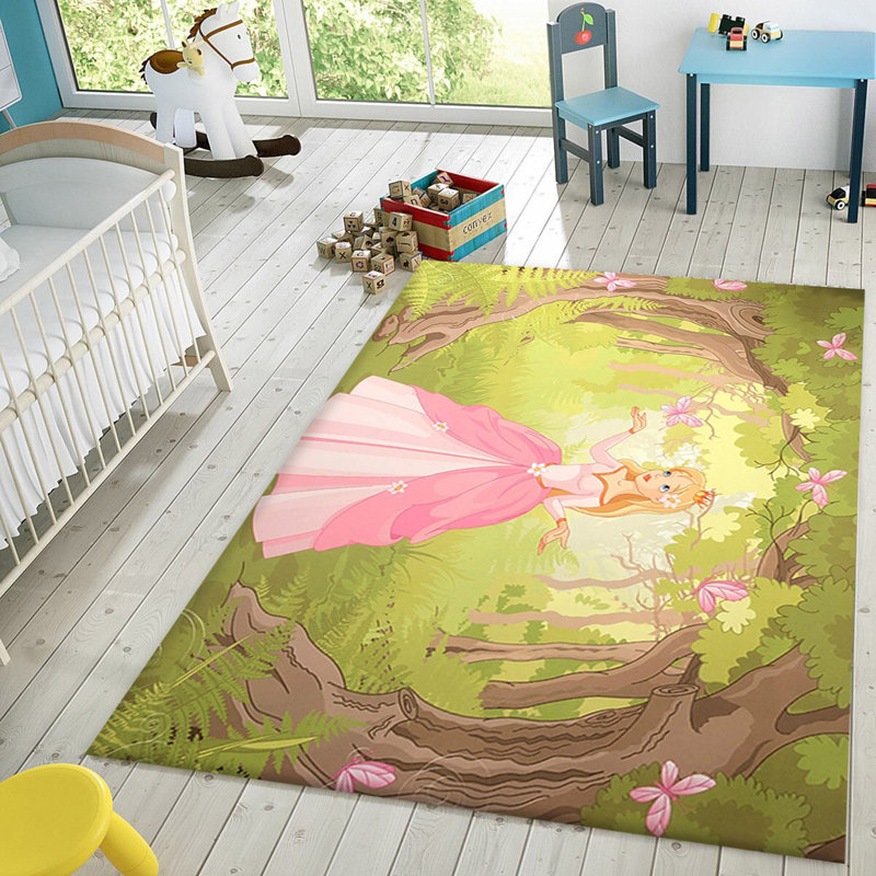 Tapis rectangulaire en polyester tissé à plat à la machine en vert / rose Lafrance, Rectangle 4 pi 7 po x 6 pi 7 po