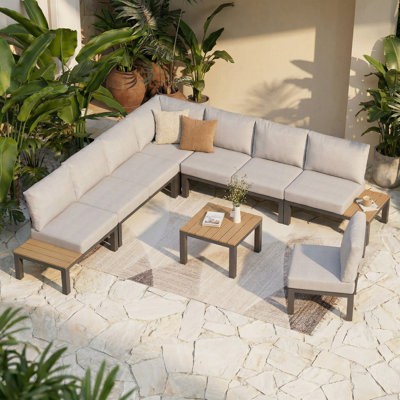 Ensemble de canapé modulaire d'extérieur modulaire avec table basse, ensemble de conversation personnalisable avec coussin gris résistant aux intempéries avec structure en aluminium et faux bois
