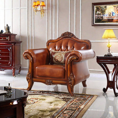 European-style Living Room Carved Chair. Leather Armchair
