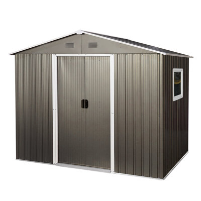 8Ft X 6Ft Outdoor Metal Storage Shed, Coffee. Galvanized Iron Frame For Stability, Paint, Punched Vents. Sliding Doors With Padlock. Easy Assembly. Panels Shed In Construction, Vents Better