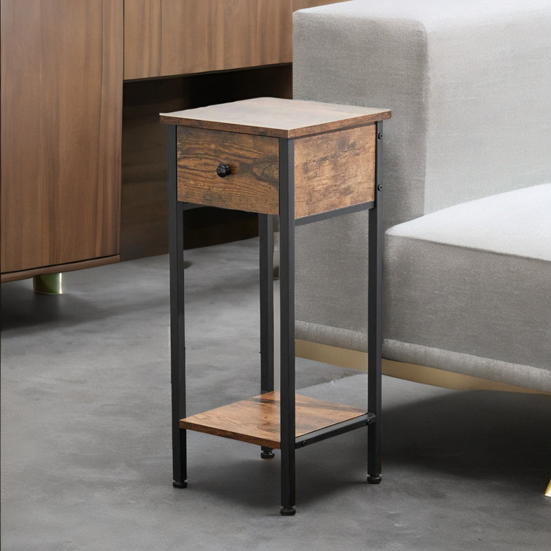 Tall 2 Tier Side Table End Tables with Metal Frame and Storage Drawer Living Room Home Furniture