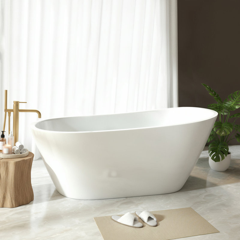 Baignoire sabot autoportante en acrylique de 150 cm (59 po), baignoire de salle de bain de forme spéciale avec trop-plein et bonde chromés