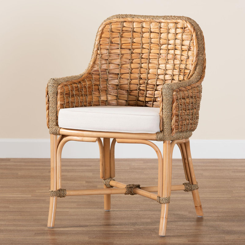 Low White and Brown Rattan Cane Arm Chair