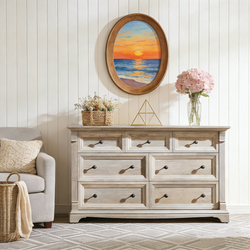 Roman Column 7-Drawer Dresser - 54" Wide Farmhouse Statement, Light Rustic Oak