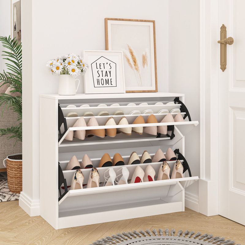 Armoire de rangement pour chaussures à 2 niveaux, blanc et verre, capacité de 18 paires, porte rabattable, panneaux mobiles, assemblage facile pour le niveau de la chambre à coucher, grandes paires et solution d'entrée moderne