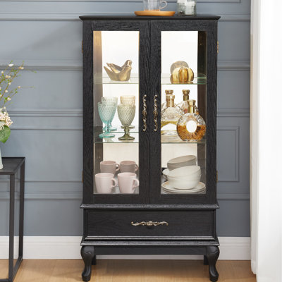 Armoire à vin à 2 portes avec système d'éclairage intégré, tablettes réglables, finition noire, tiroir caché et dossier en miroir - Créez un éclairage captivant et curieux