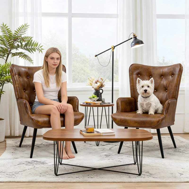 25.5'' Wide  Faux Leather Wingback Chair Mid-century Modern Tufted Armchair with Metal Leg