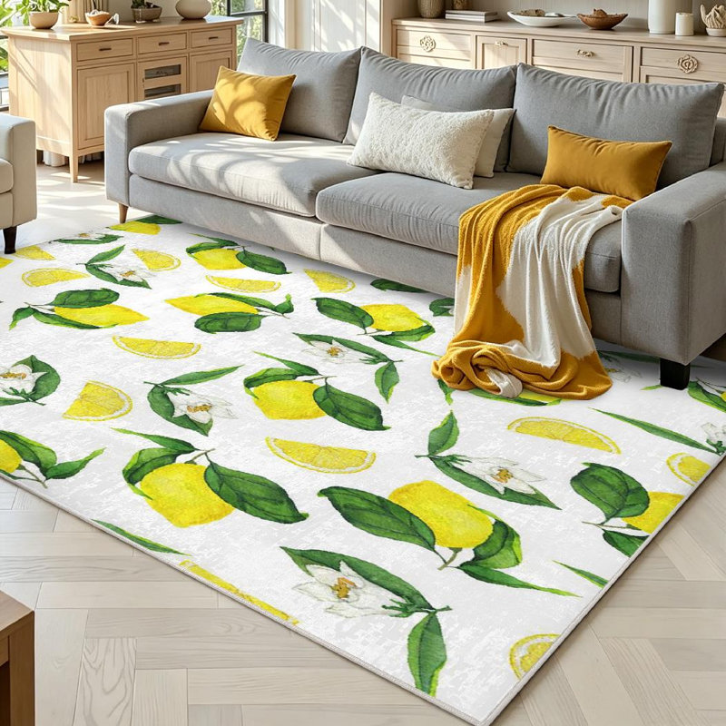 Tapis transparent transparent lavable à la machine avec motif citron jaune frais, Rectangle 71 po x 98 po