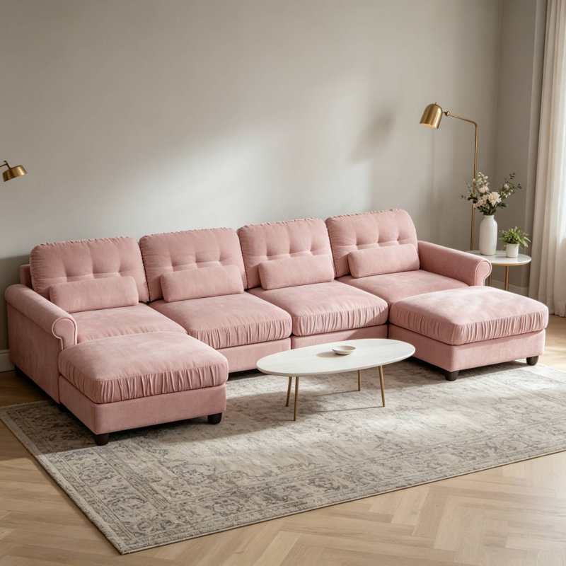 Canapé modulaire en forme de U 126,7 po avec 2 repose-pieds, Chenille rose