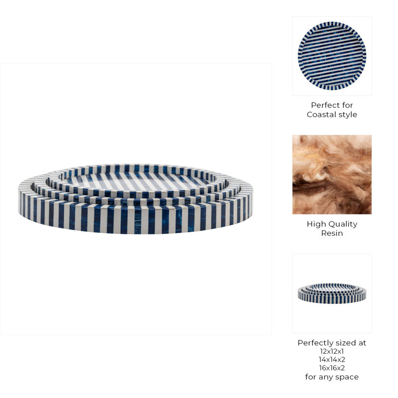 Coastal Resin & Wood Decorative Trays - Blue Striped Design - 16" 14" & 12" Round Nesting Display - Home & Office Decor Set of 3
