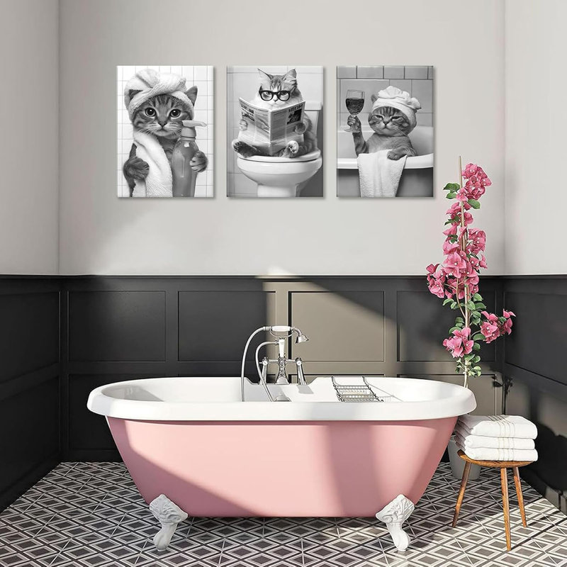 Black And White Cat Bathroom Canvas Wall Art Funny Cute Animal Poster Prints Artwork Pictures Humor Animals Paintings For Lavatory Restroom Toilet Home Decor 12X16 Inch （Canvas）