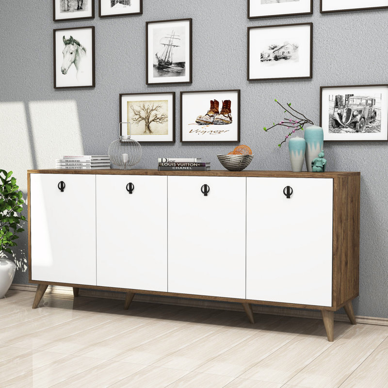 Modern Console Table with Numerous Shelves, Walnut & White Finish, 70.9 x 31.5 x 17.7 inches | 100% Melamine Coated Particle Board, Wall-Mountable, Plastic Legs | Sleek Design for Living Room & Entryway