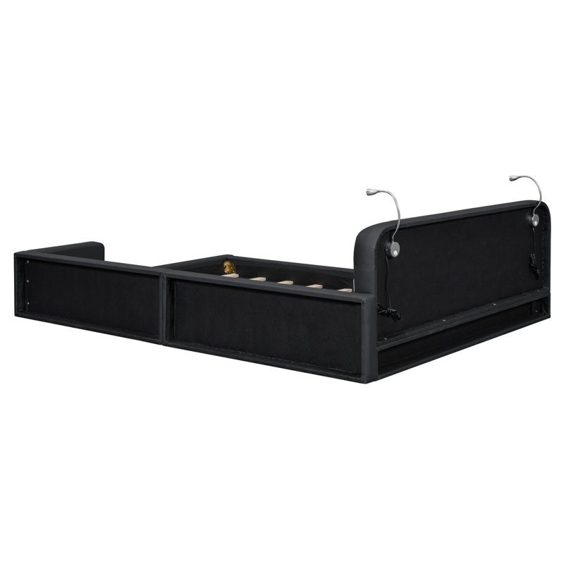 Grand lit plateforme tapissier avec 2 lampes de lecture, noir, Noir