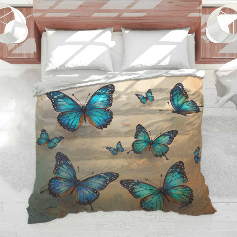 Blue Orange Butterflies Comforter, Queen