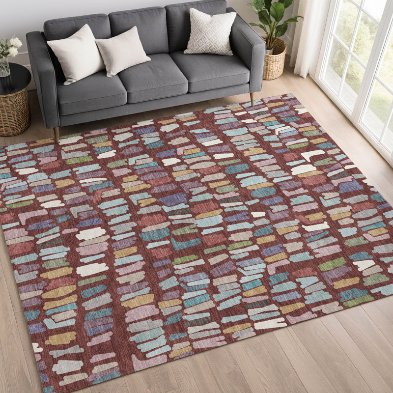 Tapis abstrait lavable à la machine de qualité supérieure Mayfield AMF2377, Bourgogne, 10 pi x 14 pi