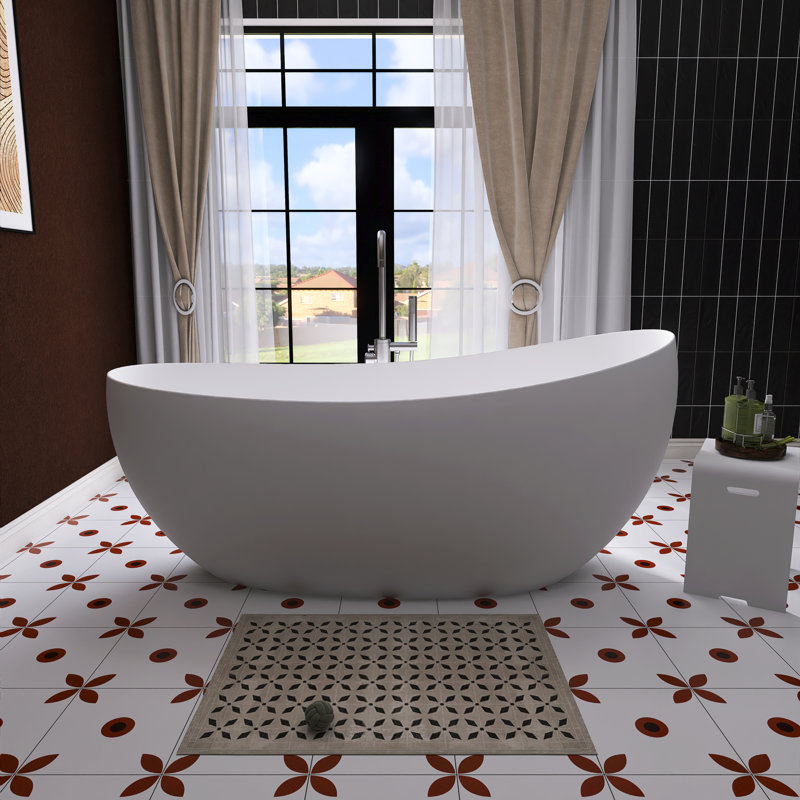63” Moon Design Freestanding Soaking Bathtub Solid Surface Tub In White Freestanding Tubs
