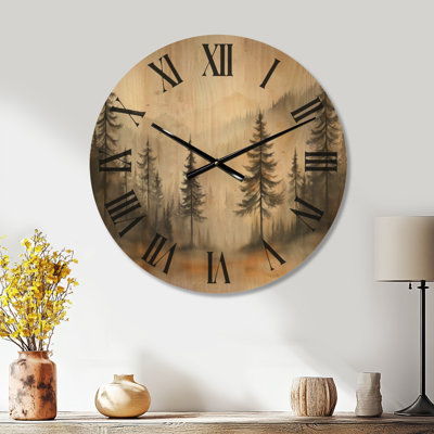 Forêt de pins Golden Mist I - Horloge murale rustique ronde en bois