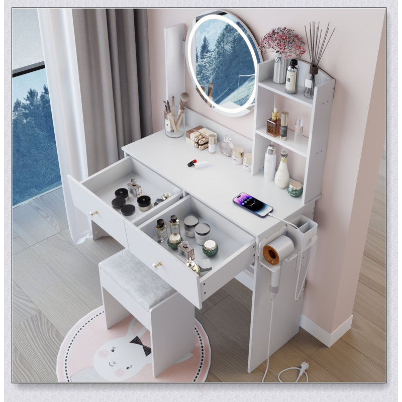 17 Inch Round LED Mirror Vanity Table With Cushioned Stool, Equipped With Power Sockets, Adjustable Brightness, And Multi-Layer Storage
