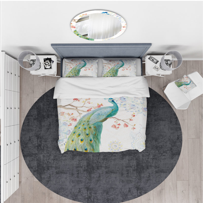 Paon Watercolor I - Ensemble de housse de couette traditionnel - Microfibre de polyester