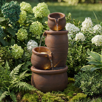 Natural Clay Pot 4-Tier Rustic Fountain with LEDs – Sturdy Outdoor Water Feature for Patio & Garden Décor