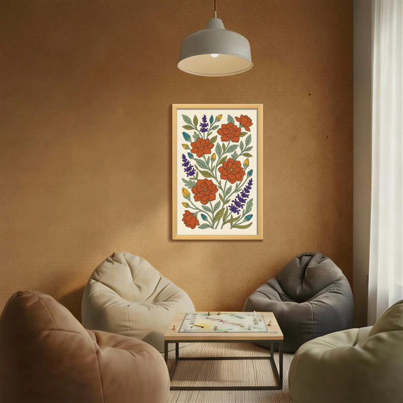 Motif floral de plantes et de fleurs avec des fleurs orange et mauves, H 36 po x l 24 po
