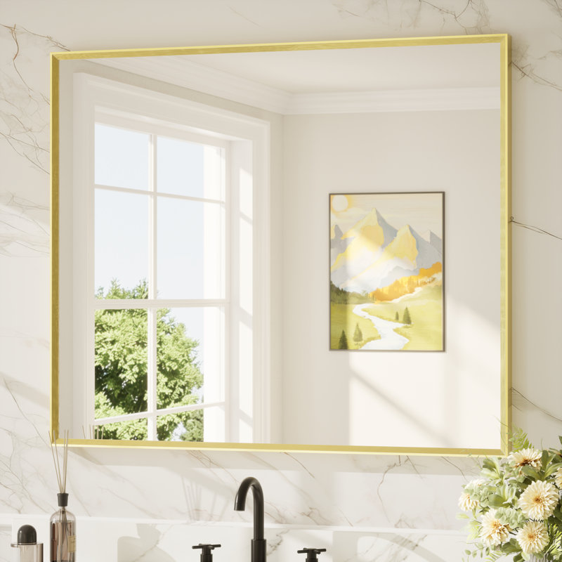 Miroir de salle de bain avec cadre en aluminium et verre trempé, 42 po x 36 po, Or brossé, Rectangulaire
