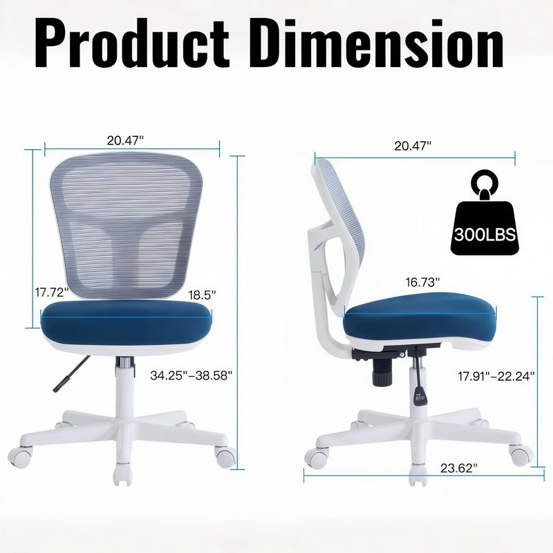 Small Armless Office Chair, Swivel Desk Chair with Mesh Back & Padded Seat, Space-Saving Modern Task Chair for Compact office