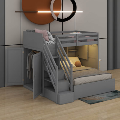 Bunk Bed With Stairs, Solid Wood Bunk Bed Frame With Wardrobe, USB And Light, Bunk Bed With Storage