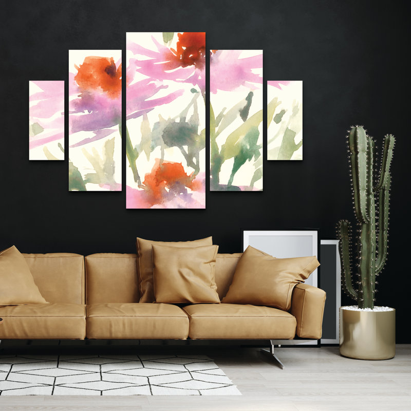 Ensemble de 5 panneaux muraux - «Daisy Garden Views I» par Samuel Dixon, art mural sur toile pour le salon, la chambre à coucher ou le bureau 