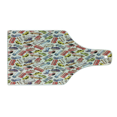 Ambesonne Cars Tempered Glass Cutting Board Lorry Cargo Taxi Fun Print Multicolor