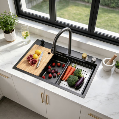 Évier de cuisine encastré / encastré en acier inoxydable avec robinet cascade et accessoires