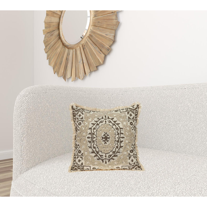 Beige Embroidered Square Cotton Throw Pillow 18" x 18"