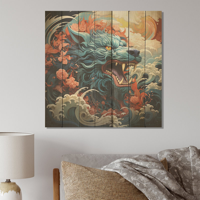 Dragon japonais sur la vague au large de Kanagawa IV - Dragons sur bois, H 30 po x l 30 po