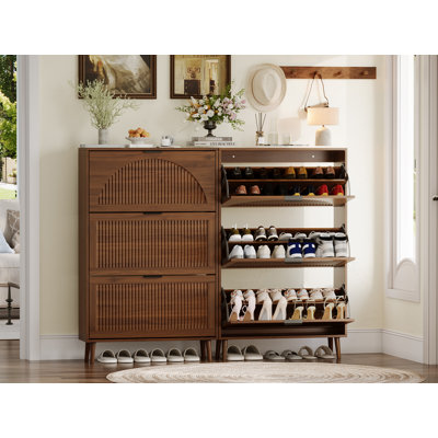 24 Pairs Shoe Storage Cabinet with 3 Flip Drawers and Adjustable Shelf, Freestanding Wood Shoe Organizer with Fluted Panel for Entryway, Hallway, Living Room 