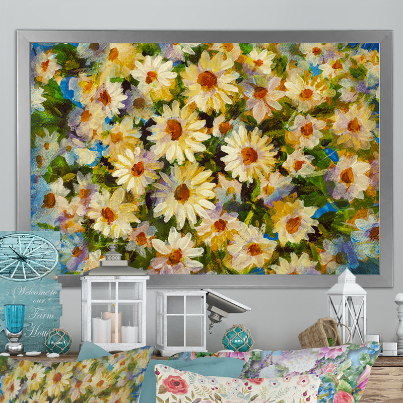 «Camomille White Wildflowers Blue II», reproduction sur toile flottante, H 12 po x l 20 po x P 1 po, Cadre photo argenté