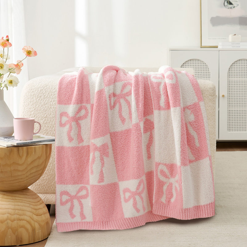 Couverture douce réversible en tricot à motif de nœuds rose pour lit de bébé, cadeau, Lit simple
