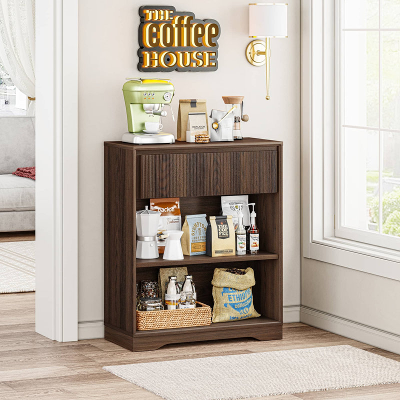Bibliothèque Guinna à 3 niveaux avec tiroir, petite bibliothèque avec tablette réglable et motif ondulé pour salon, chambre à coucher, bureau à domicile, entrée