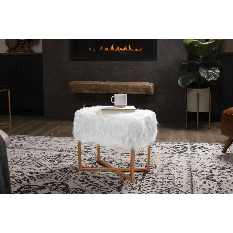 Upholstered Ottoman, White Faux Fur, Black