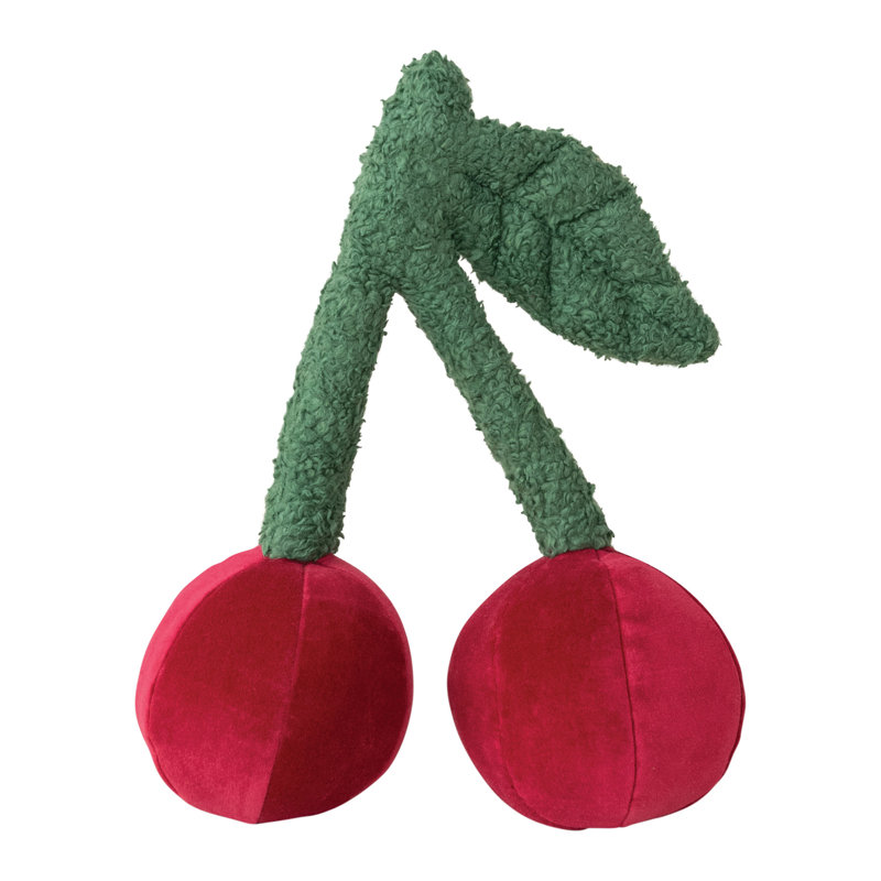 Cotton Velvet Cherry Shaped Pillow With Faux Sherpa Stem, Red And Green