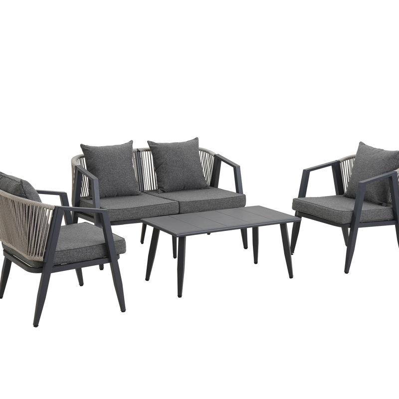 Configuration de sièges d'extérieur polyvalents en fer - 4 personnes, patios, jardins, pelouses, coussins moelleux et ensemble de table assorti avec cadres, capacité 4, patio, balcon, sièges de coussin de jardin