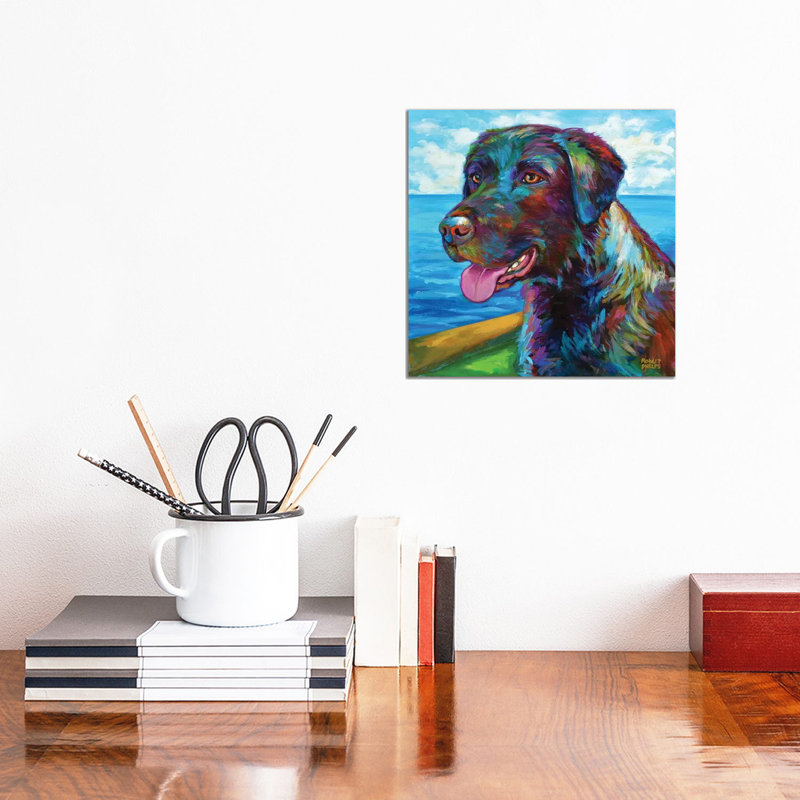 «Chocolate Lab by the Sea» par Robert Phelps - peinture sur toile tendue, H 12 po x l 12 po x P 0,75 po