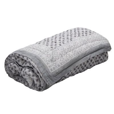 Hand Block Print Cotton Quilt and Bed Spread, , Gray