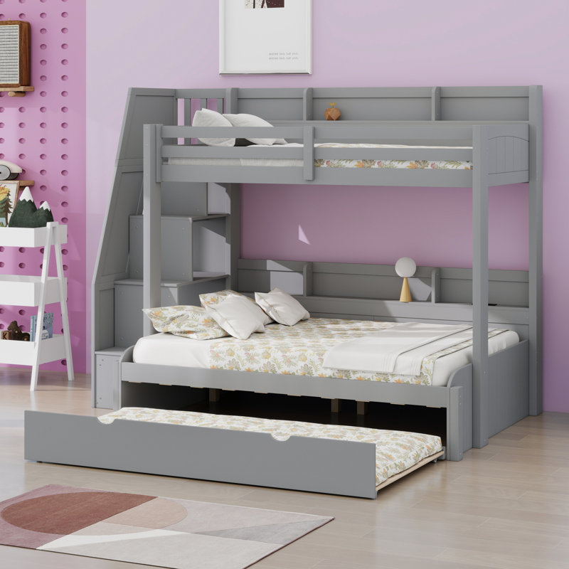Lit superposé avec escalier de rangement, lit gigogne, tablettes de rangement, DEL et USB, Gris