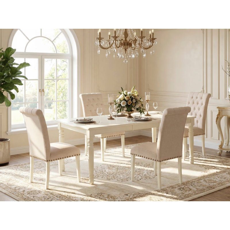 Cet ensemble de salle à manger 5 pièces comprend une table de salle à manger rectangulaire avec feuille papillon et 4 chaises rembourrées en tissu de lin beige clair, lin blanc