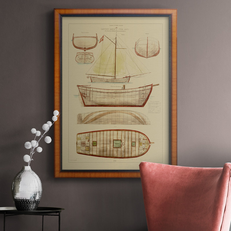 Toile encadrée de qualité supérieure Antique Ship Plan III - prête à être accrochée, H 27 po x l 18 po x P 2,5 po