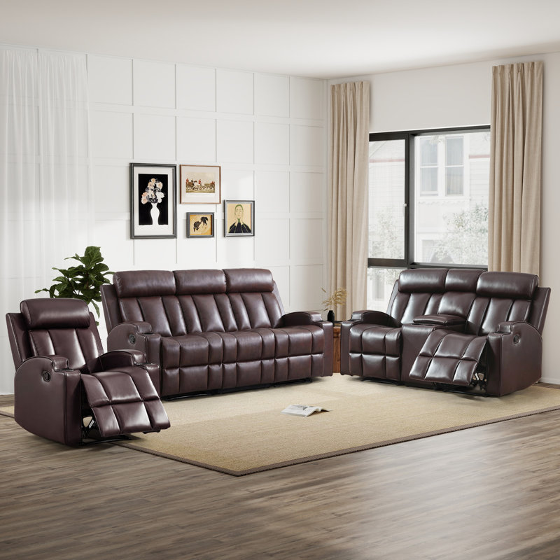 Ensemble de salon 3 pièces inclinable manuel moderne en similicuir, Brown