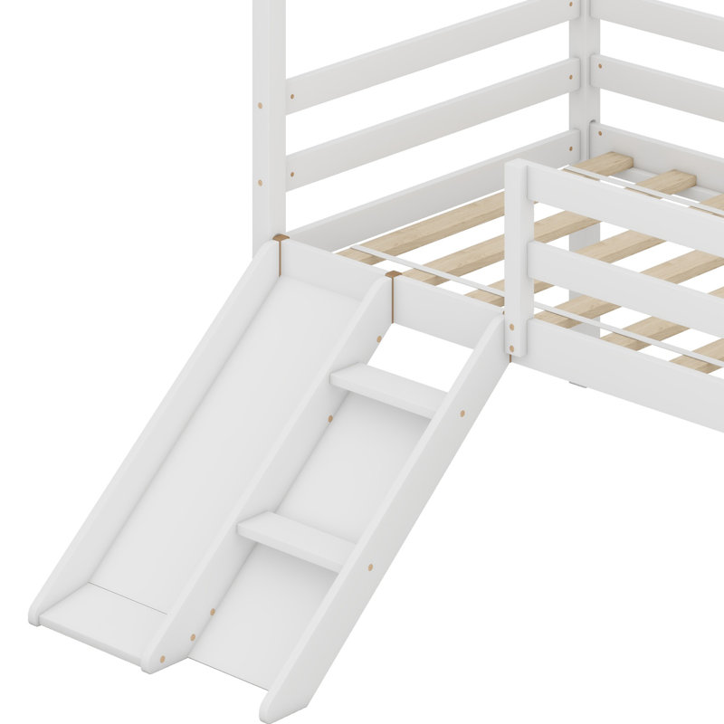 Lit mezzanine bas avec glissade, échelle, barrières de sécurité, cadre de toit de maison, Blanc